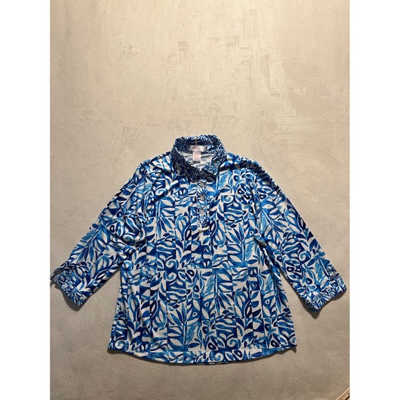 Stella Parker Tops - Stella Parker Collection Blue White Abstract Print Polo Shirt Womens Size Large